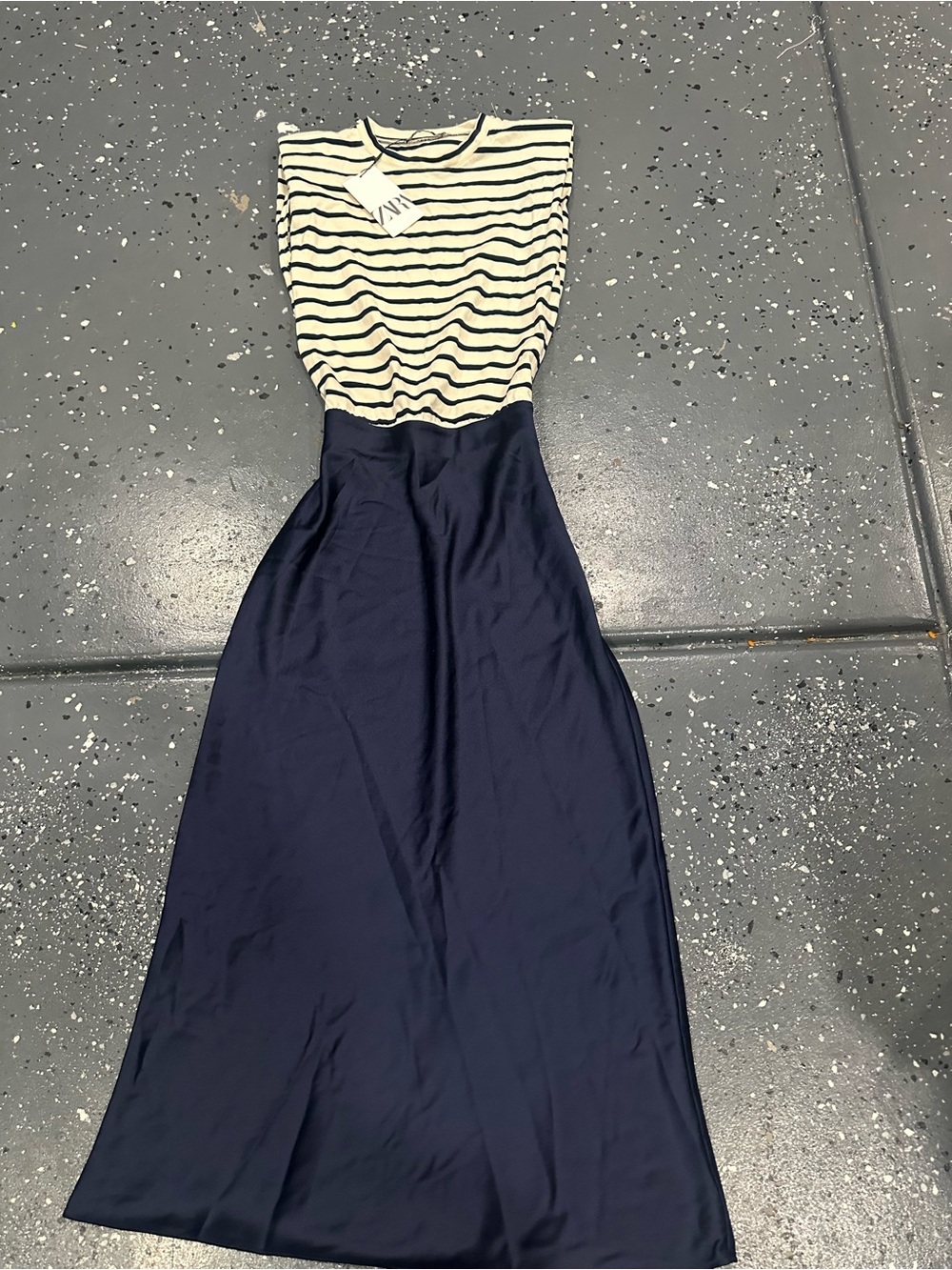 Zara Navy Maxi Dress with Cream & Black Striped Top